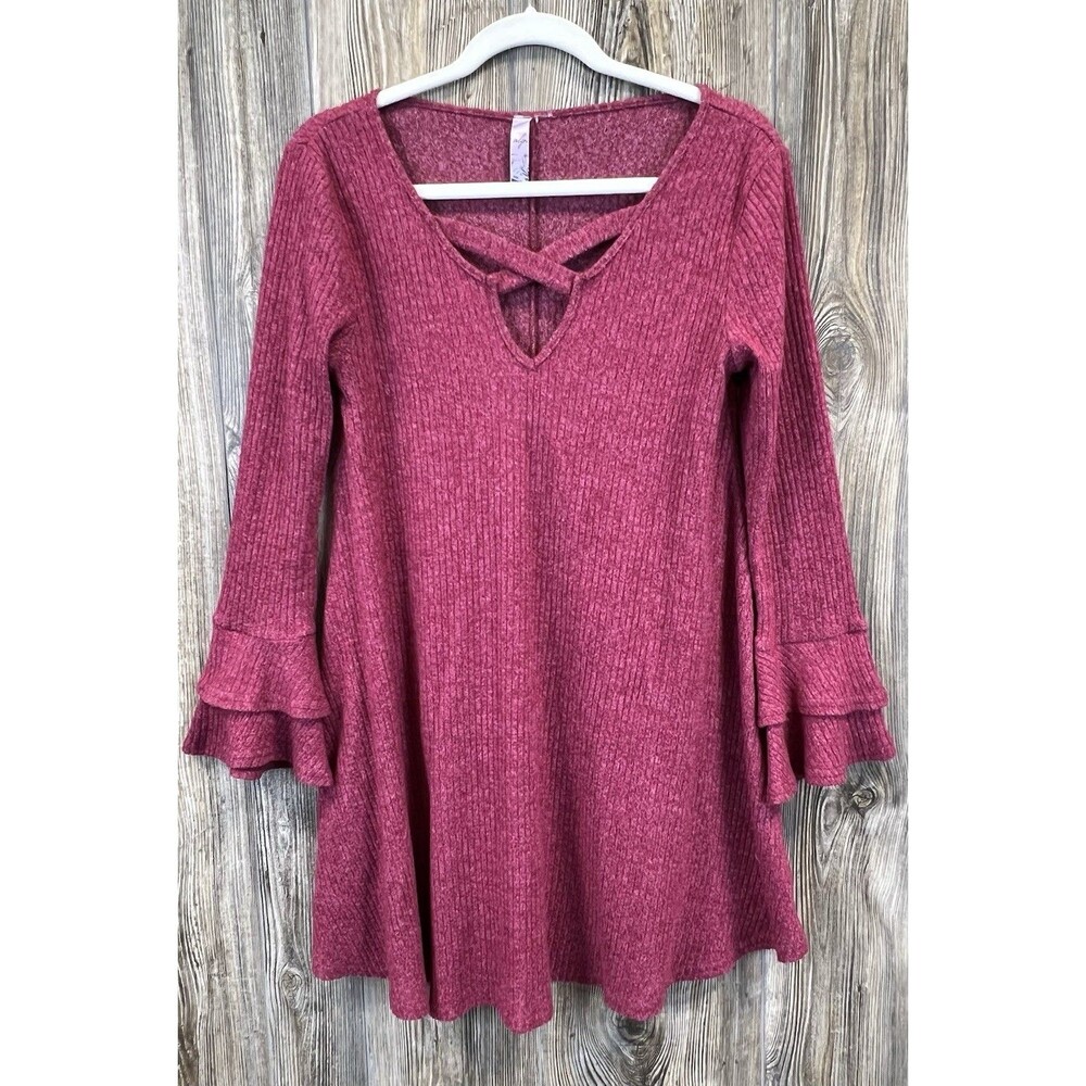 Alya Tunic Top Pink Heather Criss Cross Keyhole Long Sleeve Women's XS Soft Cozy